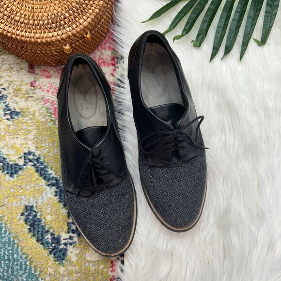 Clarks Black Gray Leather Tweed Preppy Sharon Rae Lace Up Wedge Shoes Oxford 9.5 - Picture 2 of 9